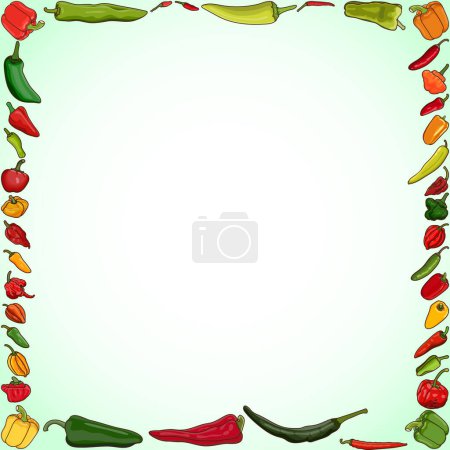 Illustration pour Square banner with different types of peppers. Sweet peppers. Mild, medium hot, super hot Chili peppers. Vegetables. Cartoon style. Vector illustration isolated on white background. Template. - image libre de droit
