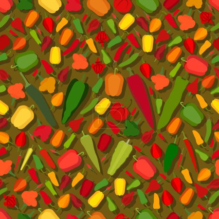Ilustración de Seamless pattern with different types of peppers. Sweet peppers. Mild and medium hot, super hot Chili peppers. Flat style. Vegetables. Vector illustration isolated on green background. - Imagen libre de derechos