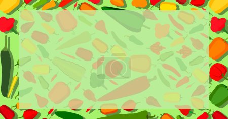 Illustration for Horizontal banner with different types of pepper. Sweet, mild and medium hot, super hot peppers. Vegetables. Flat style. Vector illustration isolated on green background. Template. - Royalty Free Image