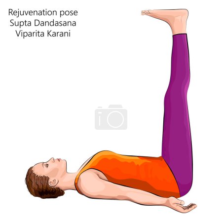 Ilustración de Mujer joven practicando ejercicio de yoga, haciendo pose de rejuvenecimiento o pose de personal supino. Supta Dandasana o Viparita Karani. Suave y equilibrante. Principiante. Ilustración vectorial aislada sobre fondo blanco - Imagen libre de derechos
