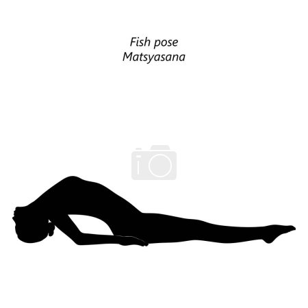 Illustration for Flat black silhouette of young woman practicing yoga, doing Fish pose. Matsyasana. Supine and Backbend. Beginner. Vector illustration isolated on transparent background. - Royalty Free Image