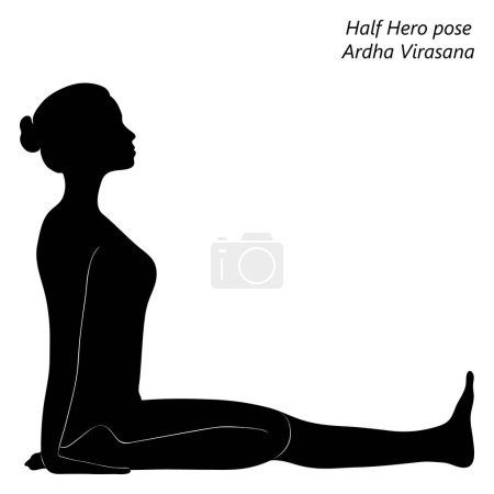 Illustration for Flat black silhouette of young woman practicing yoga, doing Half Hero pose. Ardha Virasana. Seated and Backbend. Beginner. Vector illustration isolated on transparent background. - Royalty Free Image