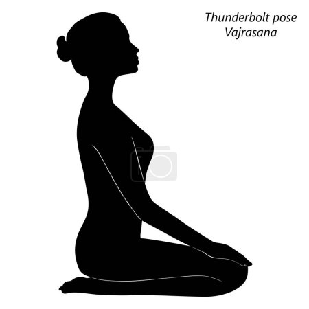 Illustration for Flat black silhouette of young woman practicing yoga, doing Thunderbolt pose or Diamond pose or Kneeling pose. Vajrasana. Seated and Neutral. Vector illustration isolated on transparent background. - Royalty Free Image