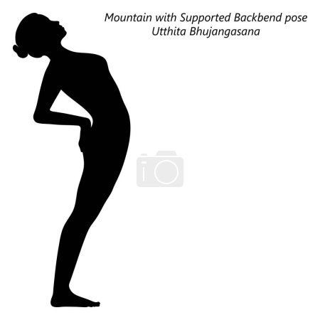 Téléchargez les illustrations : Flat black silhouette of young woman practicing yoga, doing Mountain with Supported Backbend pose or Standing Cobra pose. Utthita Bhujangasana. Vector illustration isolated on transparent background. - en licence libre de droit