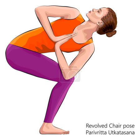 Mujer joven practicando ejercicio de yoga, haciendo pose de silla giratoria. Parivritta Utkatasana. De pie y Twist. Principiante. Ilustración vectorial aislada sobre fondo blanco.