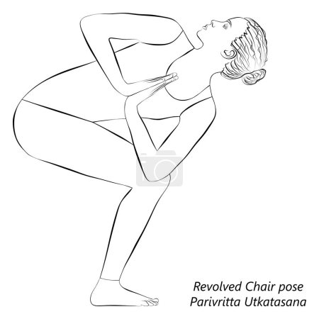 Sketch of young woman practicing yoga, doing Revolved Chair pose. Parivritta Utkatasana. Standing and Twist. Beginner. Vector illustration isolated on transparent background.
