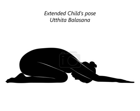 Illustration for Black silhouette of young woman practicing yoga, doing Extended Child pose. Utthita Balasana. Prone and Forward Bend. Beginner. Isolated vector illustration. - Royalty Free Image