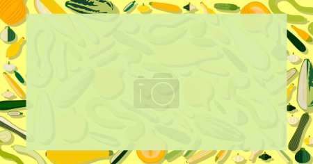 Illustration for Rectangular banner with different types of summer squash. Cucurbita. Cucurbitaceae. Fruits and vegetables. Isolated vector illustration. Horizontal template. Flat style. - Royalty Free Image