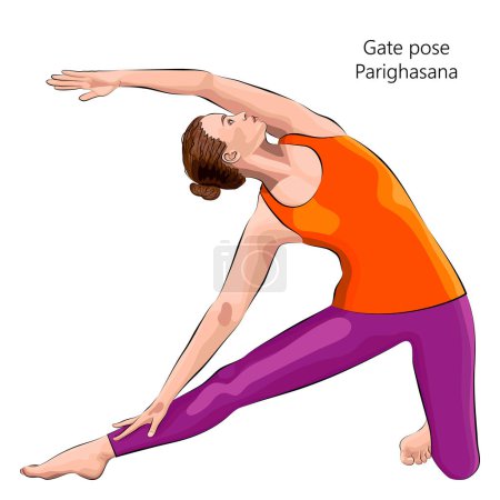 Ilustración de Mujer joven practicando ejercicio de yoga, haciendo pose Gate o pose Beam. Parighasana. Brazo de soporte de la pierna y la curva lateral. Principiante. Ilustración vectorial aislada. - Imagen libre de derechos