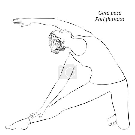 Ilustración de Bosquejo de mujer joven practicando yoga, haciendo pose Gate o pose Beam. Parighasana. Brazo de soporte de la pierna y la curva lateral. Principiante. Ilustración vectorial aislada. - Imagen libre de derechos