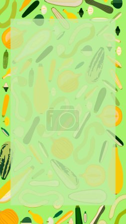 Illustration for Vertical banner with different types of summer squash. Cucurbita. Cucurbitaceae. Fruits and vegetables. Isolated vector illustration. Template. Flat style. - Royalty Free Image