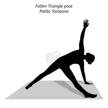 Illustration for Silhouette of young woman practicing yoga, doing Fallen Triangle pose or Fallen Star pose. Patita Tarasana. Arm Leg Support and Backbend. Intermediate. Isolated vector illustration. - Royalty Free Image