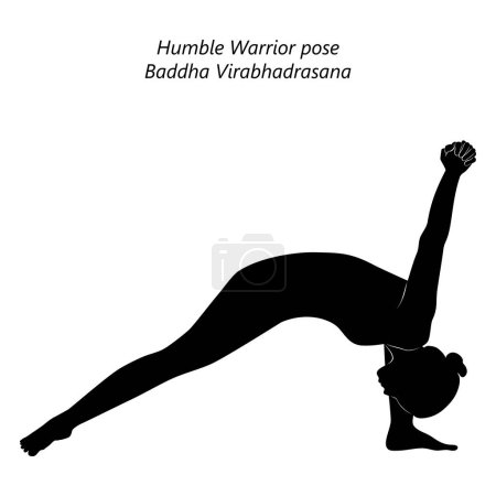 Ilustración de Silueta de mujer joven practicando yoga, haciendo pose de Guerrero Humilde. Baddha Virabhadrasana. De pie y doblando hacia adelante. Intermedio. Ilustración vectorial aislada. - Imagen libre de derechos