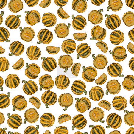 Illustration for Seamless pattern with American Tonda pumpkin or Americana Tonda squash. Winter squash. Cucurbita pepo. Fruits and vegetables. Cartoon style. Isolated vector illustration. - Royalty Free Image
