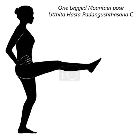 Ilustración de Silueta de mujer joven practicando yoga, haciendo pose One Legged Mountain. Utthita Hasta Padangushthasana C. De pie y equilibrándose. Intermedio. Ilustración vectorial aislada. - Imagen libre de derechos