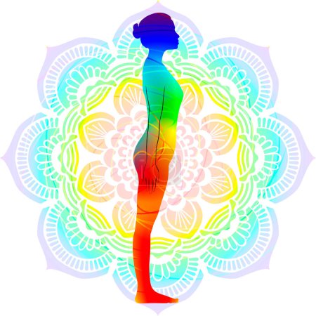 Colorida postura de silueta yoga. Postura de montaña o pose de pie igual. Tadasana o Samasthiti. De pie y neutral. Ilustración vectorial aislada. Fondo de Mandala.
