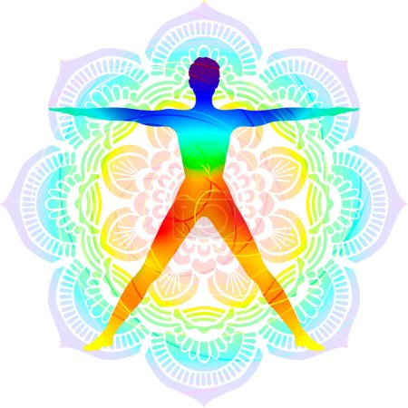 Colorida postura de silueta yoga. Posada de estrella o pose de estrella de cinco puntos. Utthita Tadasana. De pie y neutral. Ilustración vectorial aislada. Fondo de Mandala.