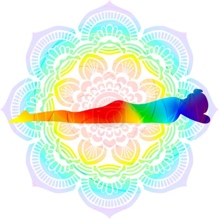 Téléchargez les illustrations : Posture de yoga silhouette colorée. Inverser le cadavre avec les mains de prière pose. Pranama. Sujet et Neutre. Illustration vectorielle isolée. Mandala fond. - en licence libre de droit