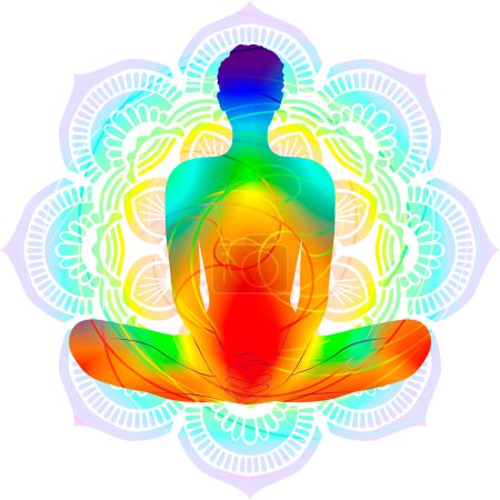 Téléchargez les illustrations : Posture de yoga silhouette colorée. Pose d'angle lié ou pose de papillon. Baddha Konasana ou Bhadrasana. Assis et neutre. Illustration vectorielle isolée. Mandala fond. - en licence libre de droit