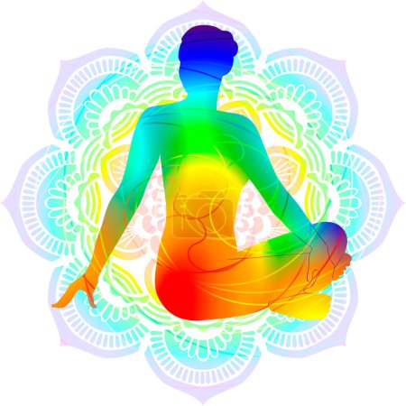 Illustration for Colorful silhouette yoga posture. Seated Twist pose. Parivritta Sukhasana. Isolated vector illustration. Mandala background. - Royalty Free Image