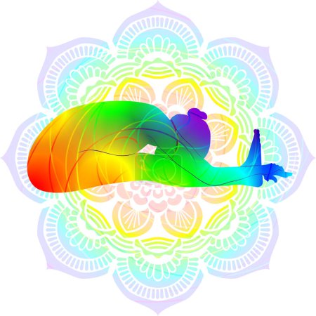 Illustration for Colorful silhouette yoga posture. Seated Forward Bend 4 pose or Intense West Stretch pose. Paschimottanasana D. Seated and Forward Bend. Isolated vector illustration. Mandala background. - Royalty Free Image