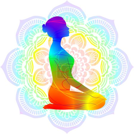 Illustration for Colorful silhouette yoga posture. Thunderbolt pore or Diamond pose. Kneeling pose. Vajrasana. Seated and Neutral. Isolated vector illustration. Mandala background. - Royalty Free Image