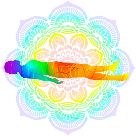 Téléchargez les illustrations : Posture de yoga silhouette colorée. La pose du cadavre. Shavasana ou Mritasana. Digne et neutre. Illustration vectorielle isolée. Mandala fond. - en licence libre de droit