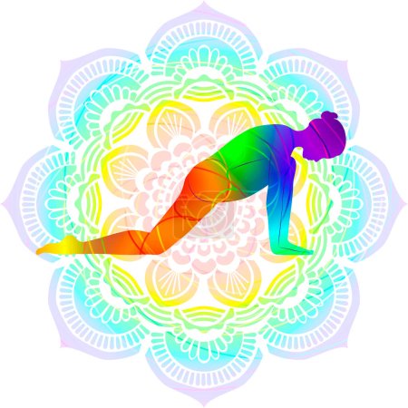 Illustration for Colorful silhouette yoga posture. Lunge on the Knee pose or Equestrian pose or Horse posture. Ashva Sanchalanasana. Arm Leg Support and Balancing. Isolated vector illustration. Mandala background. - Royalty Free Image