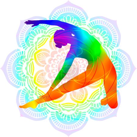 Ilustración de Colorida postura de silueta yoga. Posada de puerta o pose de viga. Parighasana. Brazo de soporte de la pierna y la curva lateral. Ilustración vectorial aislada. Fondo de Mandala. - Imagen libre de derechos