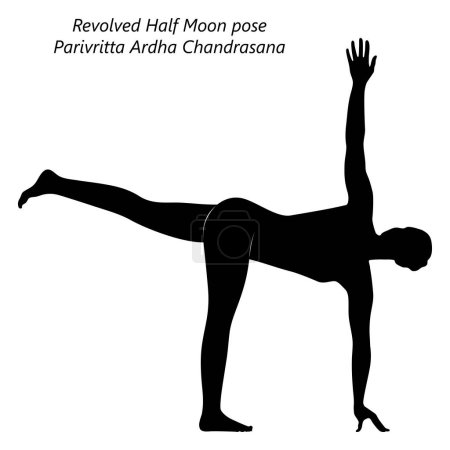 Téléchargez les illustrations : Silhouette de femme faisant yoga Revolved Half Moon pose ou Parivritta Ardha Chandrasana. Difficulté intermédiaire. Illustration vectorielle isolée. - en licence libre de droit