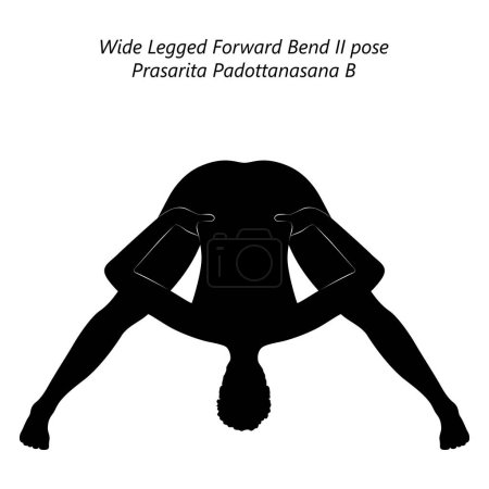 Téléchargez les illustrations : Silhouette de la femme faisant du yoga Prasarita Padottanasana B. Large jambes avant courbure 2 pose. Difficulté intermédiaire. Illustration vectorielle isolée. - en licence libre de droit