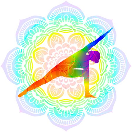 Illustration for Colorful silhouette of Utthita Parshvakonasana. Extended Side Angle pose. Isolated vector illustration on Mandala background. - Royalty Free Image