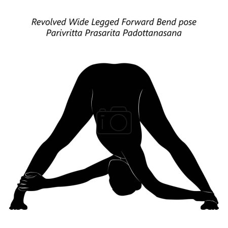 Téléchargez les illustrations : Silhouette de femme faisant du yoga Parivritta Prasarita Padottanasana. Revolved large jambes vers l'avant plier la pose. Illustration vectorielle isolée. - en licence libre de droit