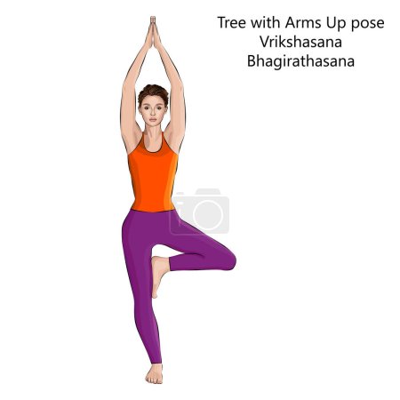 Téléchargez les illustrations : Jeune femme faisant du yoga Vrikshasana. Arbre avec les bras en l'air pose. Difficulté intermédiaire. Illustration vectorielle isolée. - en licence libre de droit