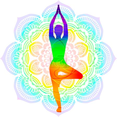 Téléchargez les illustrations : Silhouette colorée de Vrikshasana. Arbre avec les bras en l'air pose. Illustration vectorielle isolée sur fond Mandala. - en licence libre de droit