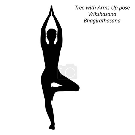 Téléchargez les illustrations : Silhouette de femme faisant du yoga Vrikshasana. Arbre avec les bras en l'air pose. Illustration vectorielle isolée. - en licence libre de droit