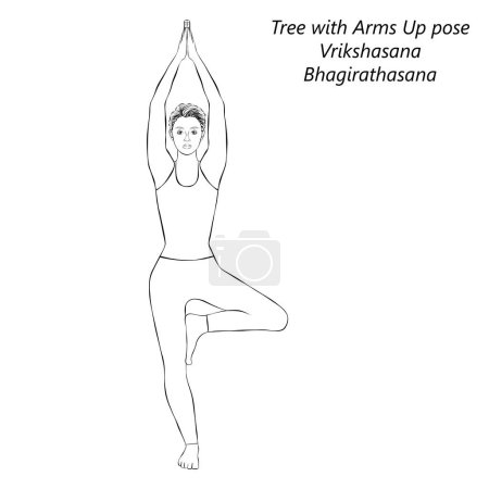 Téléchargez les illustrations : Croquis de la jeune femme faisant du yoga Vrikshasana. Arbre avec les bras en l'air pose. Illustration vectorielle isolée. - en licence libre de droit
