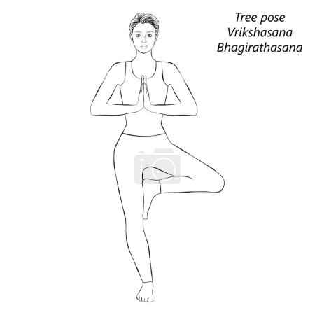 Téléchargez les illustrations : Croquis de la jeune femme faisant du yoga Vrikshasana. La pose d'arbre. Illustration vectorielle isolée. - en licence libre de droit