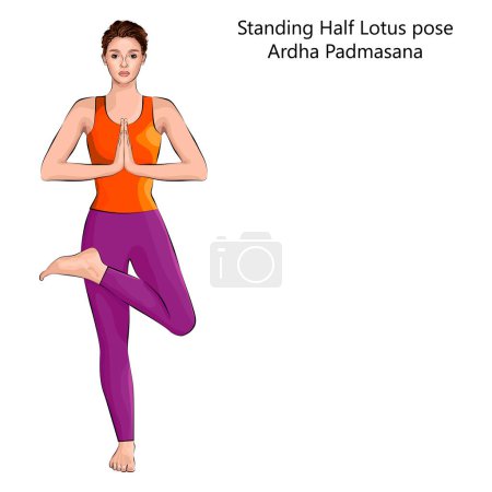 Téléchargez les illustrations : Jeune femme faisant du yoga Ardha Padmasana. Demi pose de Lotus debout ou Demi pose d'arbre de Lotus. Difficulté intermédiaire. Illustration vectorielle isolée. - en licence libre de droit
