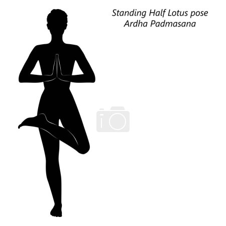 Téléchargez les illustrations : Silhouette de femme faisant du yoga Ardha Padmasana. Demi pose de Lotus debout ou Demi pose d'arbre de Lotus. Illustration vectorielle isolée. - en licence libre de droit
