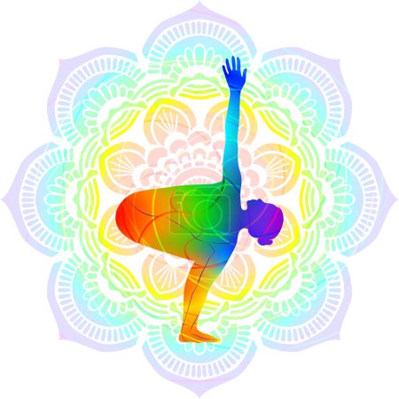 Téléchargez les illustrations : Silhouette colorée d'Utthita Parivritta Utkatasana. Chaise pivotante avec bras allongés pose. Illustration vectorielle isolée sur fond Mandala. - en licence libre de droit