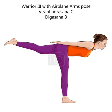 Mujer joven haciendo yoga Virabhadrasana C o Digasana B. Guerrero III con brazos de avión posan. Dificultad intermedia. Ilustración vectorial aislada.