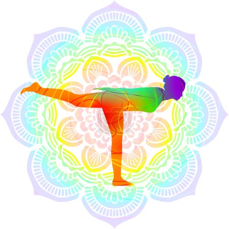 Téléchargez les illustrations : Silhouette colorée de yoga. Virabhadrasana C ou Digasana B. Warrior III avec pose de bras d'avion. Illustration vectorielle isolée sur fond Mandala. - en licence libre de droit