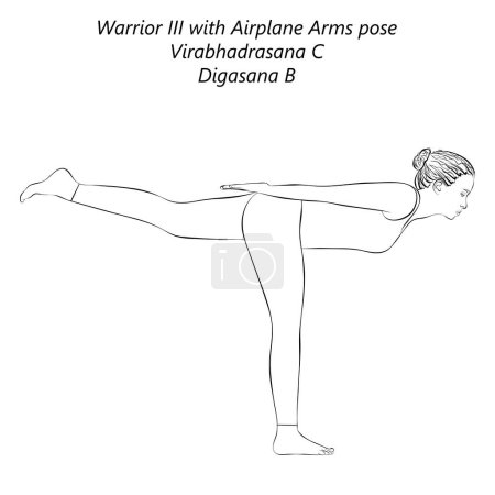 Téléchargez les illustrations : Croquis de jeune femme faisant du yoga Virabhadrasana C ou Digasana B. Warrior III avec pose de bras d'avion. Illustration vectorielle isolée. - en licence libre de droit
