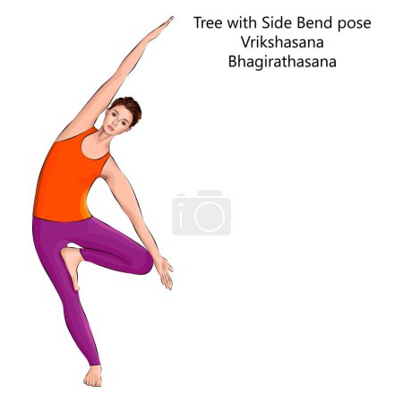 Téléchargez les illustrations : Jeune femme faisant du yoga Vrikshasana ou Bhagirathasana. Arbre avec courbure latérale ou flexion pose de l'arbre. Difficulté intermédiaire. Illustration vectorielle isolée. - en licence libre de droit