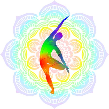 Téléchargez les illustrations : Silhouette colorée de yoga. Vrikshasana. Bhagirathasana. Arbre avec courbure latérale ou flexion pose de l'arbre. Illustration vectorielle isolée sur fond Mandala - en licence libre de droit