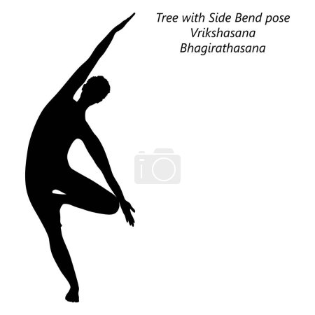 Téléchargez les illustrations : Silhouette de femme faisant du yoga Vrikshasana ou Bhagirathasana. Arbre avec courbure latérale ou flexion pose de l'arbre. Illustration vectorielle isolée. - en licence libre de droit