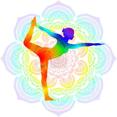 Téléchargez les illustrations : Silhouette colorée de yoga. Dandayamana Dhanurasana ou Natarajasana. Bow debout tirant la pose. Illustration vectorielle isolée sur fond Mandala. - en licence libre de droit