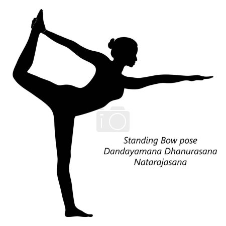 Téléchargez les illustrations : Silhouette de femme faisant du yoga Dandayamana Dhanurasana ou Natarajasana. Bow debout tirant la pose. Illustration vectorielle isolée. - en licence libre de droit