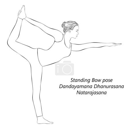 Téléchargez les illustrations : Croquis de la jeune femme faisant du yoga Dandayamana Dhanurasana ou Natarajasana. Bow debout tirant la pose. Illustration vectorielle isolée. - en licence libre de droit
